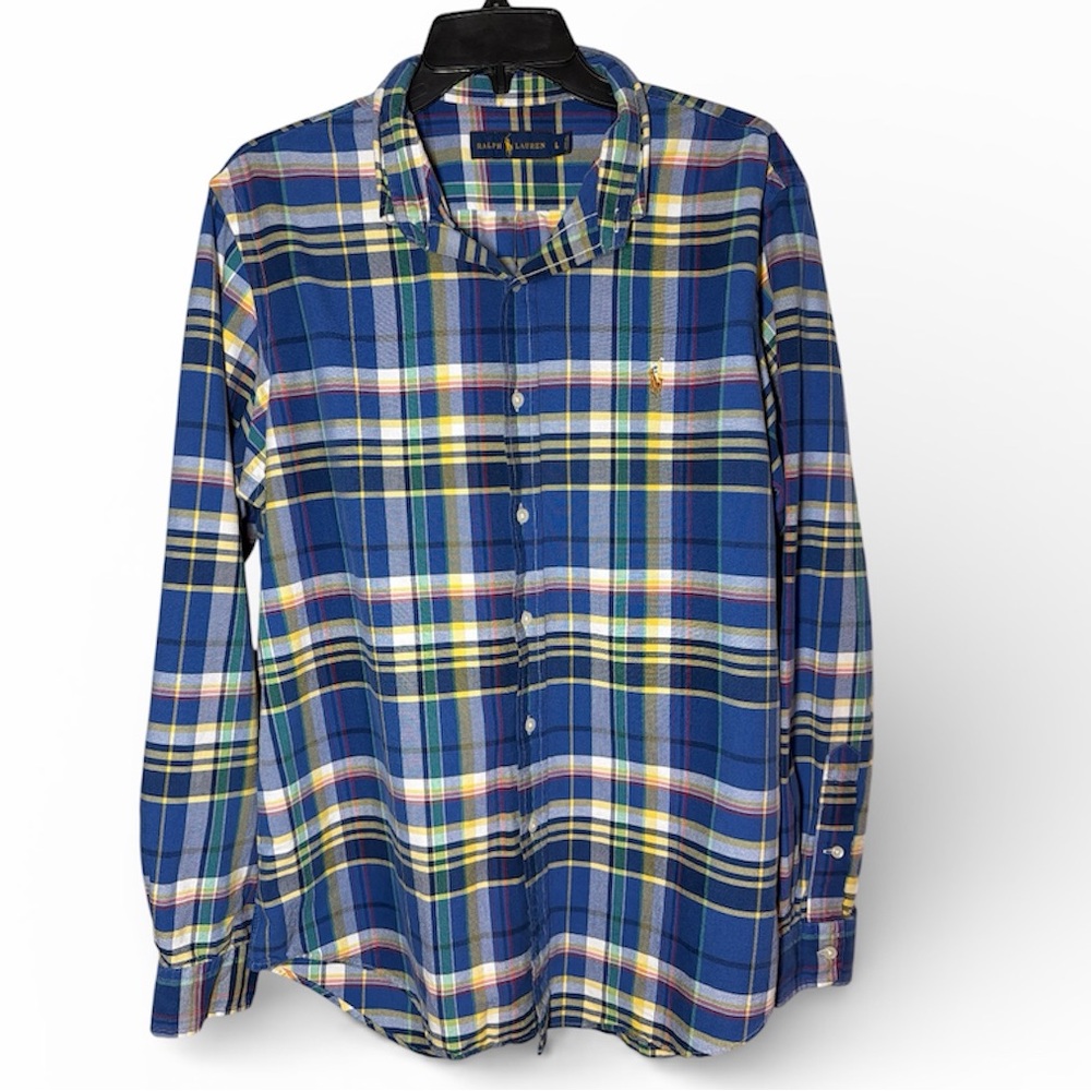Ralph Lauren Men’s Blue Yellow Multi Plaid Button Down Shirt Embroidered Pony L‎